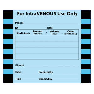 Small IntraVENOUS Label 60x50mm Black on Blue Paper - Roll/500